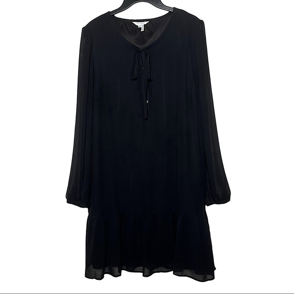 Draper James Black Knee Length Dress Sheer Long Sleeve Ruffle Hem Minimalist Lg - Picture 1 of 17